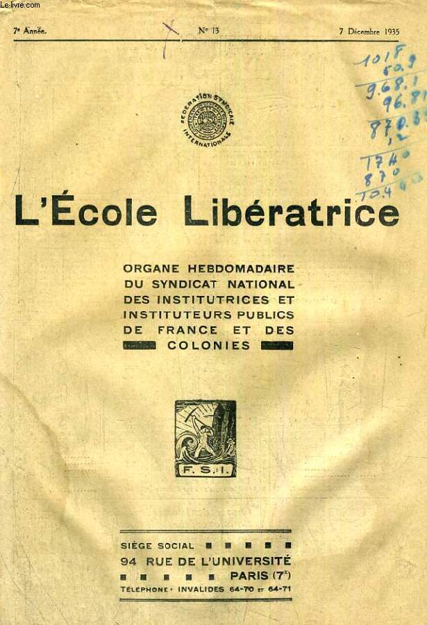 L'ECOLE LIBERATRICE, 7e ANNEE, N 13, DEC. 1935