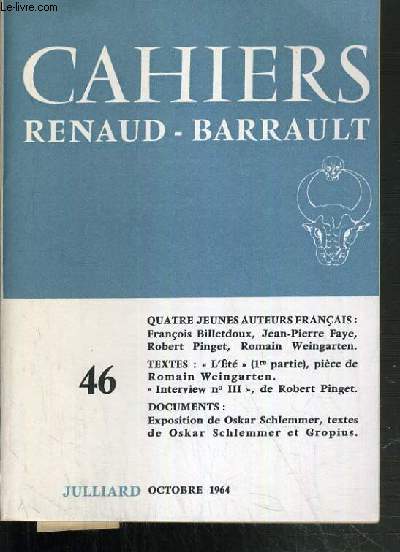 CAHIERS RENAUD- BARRAULT - QUATRE JEUNES AUTEURS FRANCAIS - COLLECTION CAHIERS DE LA COMPAGNIE.