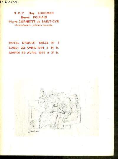 CATALOGUE DE VENTE AUX ENCHERES - HOTEL DROUOT - ESTAMPES ET TABLEAUX MODERNES - SALLE 1 - 22 et 23 AVRIL 1974.
