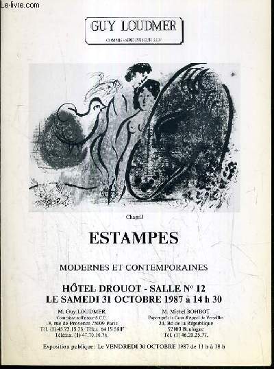 CATALOGUE DE VENTE AUX ENCHERES - HOTEL DROUOT - ESTAMPES MODERNES ET CONTEMPORAINES - SALLE 12 - 31 OCTOBRE 1987.