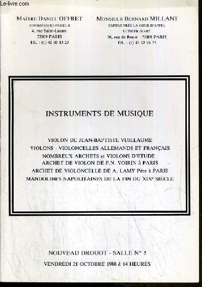 CATALOGUE DE VENTE AUX ENCHERES - NOUVEAU DROUOT - INSTRUMENTS DE MUSIQUE - VIOLON DE JEAN-BAPTISTE VUILLAUME - VIOLONS - VIOLONCELLES ALLEMANDS ET FRANCAIS - SALLE 5 - 21 OCTOBRE 1988.