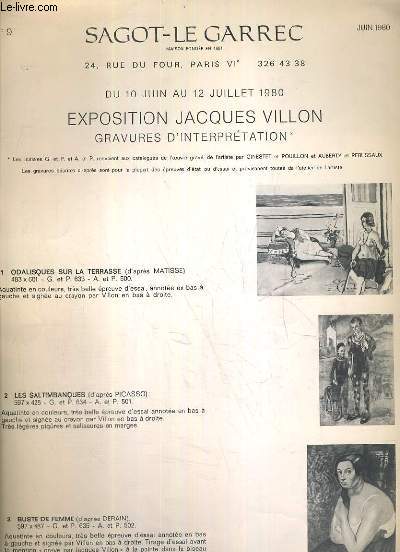 CATALOGUE - N9 - JUIN 1980 - EXPOSITION JACQUES VILLON - GRAVURES D'INTERPRETATION - DU 10 JUIN AU 12 JUILLET 1980.