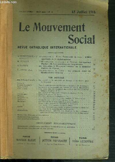 LE MOUVEMENT SOCIAL - REVUE CATHOLIQUE INTERNATIONALE - XXXIXe ANNEE - 15 JUILLET 1914