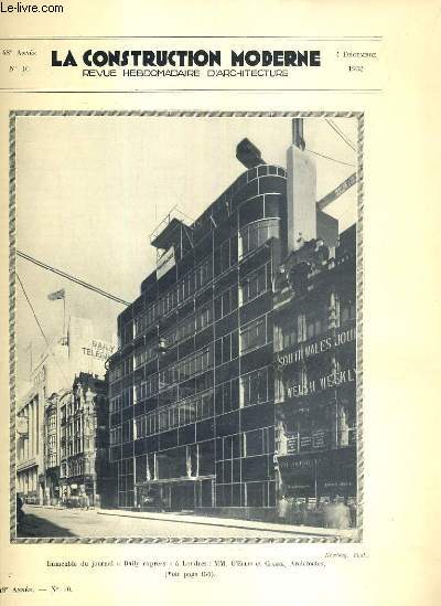 LA CONSTRUCTION MODERNE - 48e VOLUME (1932-1933) - FASCICULE N10 - LA MAISON DE LA MUTUALITE A PARIS, plans des etages, plans des sous-sols et du rez-de-chausse, le 
