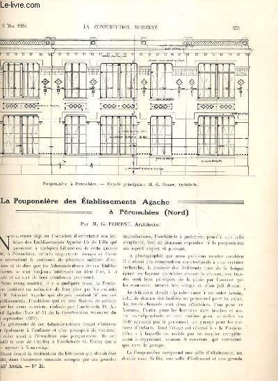 LA CONSTRUCTION MODERNE - 43e VOLUME (1927-1928) - FASCICULE N32 - LA POUPONNIERE DES ETABLISSEMENTS AGACHE A PERENCHIES (NORD), facade principale, plan de l'tage, l'art moderne et le paquebot 