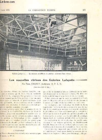 LA CONSTRUCTION MODERNE - 43e VOLUME (1927-1928) - FASCICULE N47 - GRANDS MAGASINS DES GALERIES LAFAYETTES A PARIS, vue d'ensemble de la construction d'une vitrine, l'echafaudage, atelier sur la rue de la Chausse-d'Antin, execution des devantures..