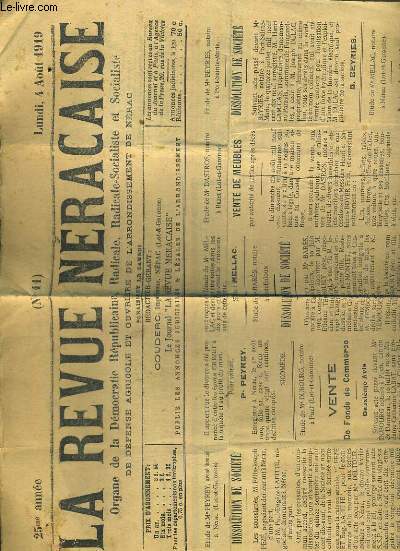 LA REVUE NERACAISE - N 11 - LUNDI 4 AOUT 1919 - 25me ANNEE - dissolution de societe, vente de fonds de commerce, vente de meubles, acte de societe..