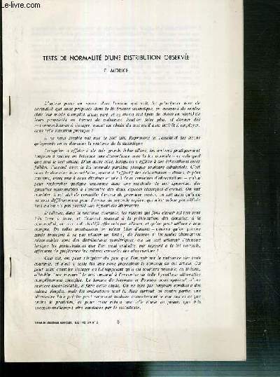 TESTS DE NORMALITE D'UNE DISTRIBUTION OBSERVEE - TIRE A PART - REVUE DE STATISTIQUE APPLIQUEE 1972 VOL XX N2