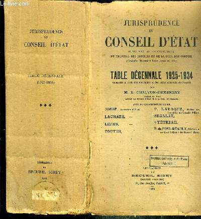 JURISPRUDENCE DU CONSEIL D'ETAT - TOME III - TABLE DECENNALE 1925-1934.