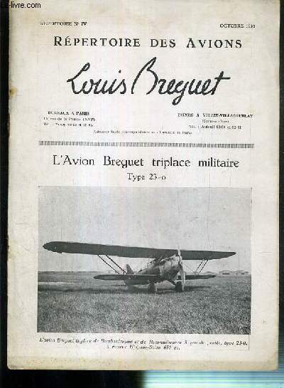 REPERTOIRE - NIV - OCTOBRE 1930 - REPERTOIRE DES AVIONS - LOUIS BREGUET - L'AVION BREGUET TRIPLACE MILITAIRE - TYPE 23-o