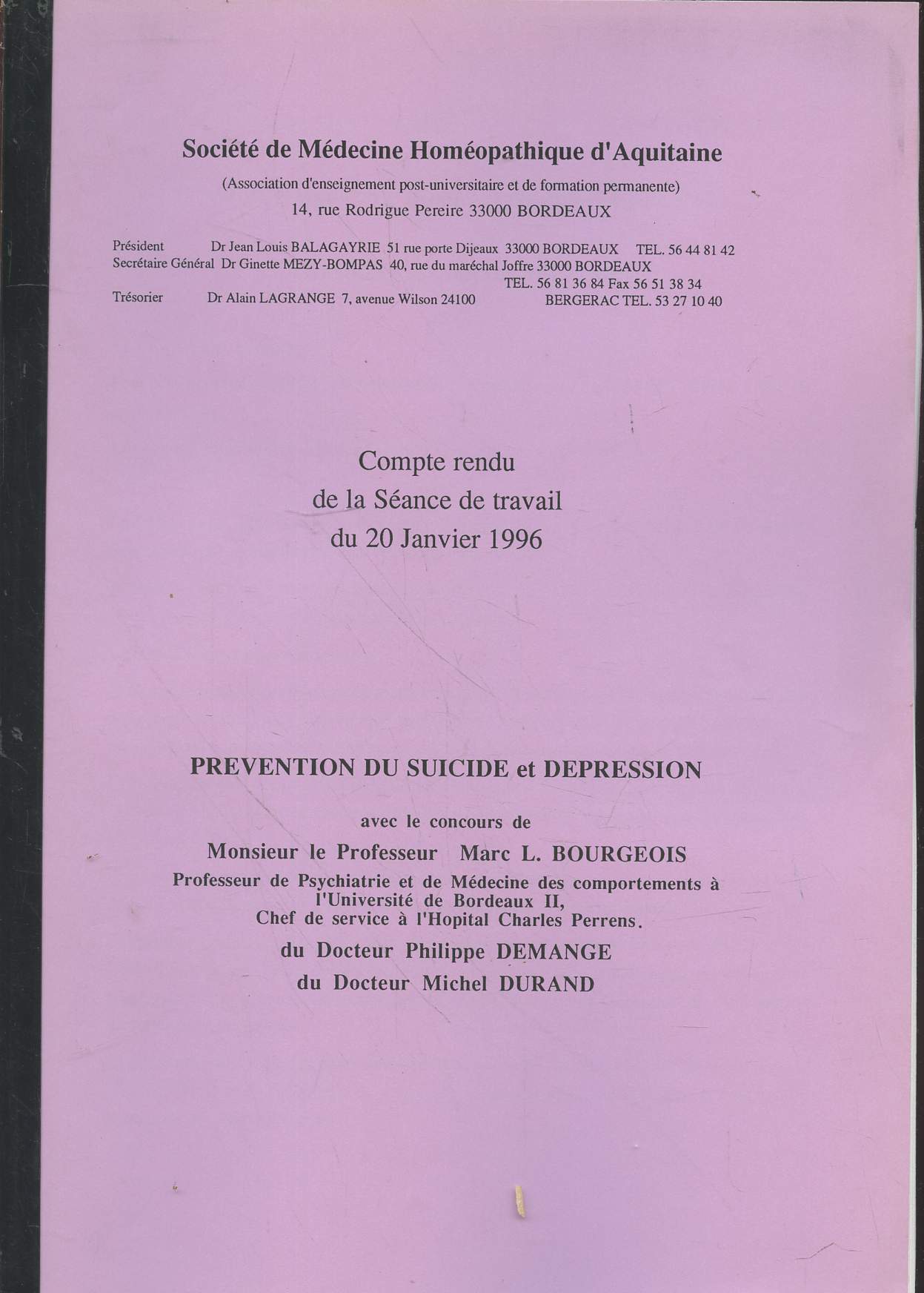Compte rendu de la Sance de travail du 20 Janvier 1996 : Prvention du suicide et dpression
