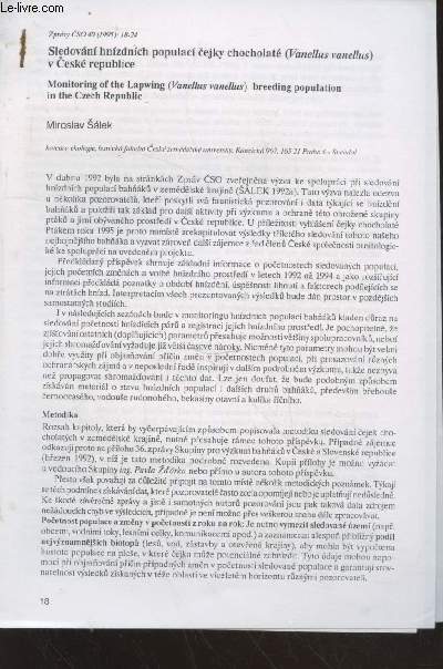 Article extrait de Zpravy CSO 40 (1995) : Monitoring of the Lapwing (Vanellus vanellus) breeding population in the Czech Republic