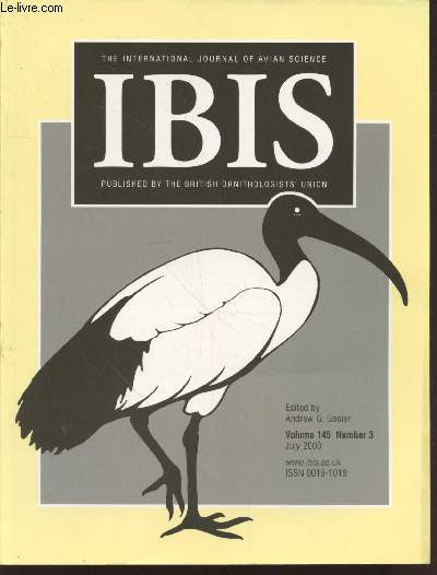 IBIS Volume 145 Number 3 July 2003. The International Journal of The Britsh Ornithologists Union. Sommaire : Soil particle composition affects the physical charcteristics of Sand Martin - etc.