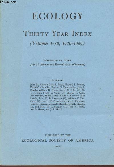 Ecology Thirty Year Index (Volumes 1-30, 1920-1949)
