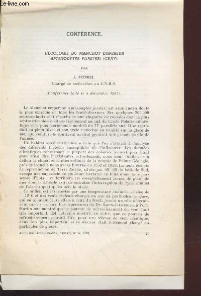 Tir  part : Bull.Soc.Zool. n4 : Confrence 5 dcembre 1961 : L'cologie du manchot empereur Aptenodytes forsteri (Gray)