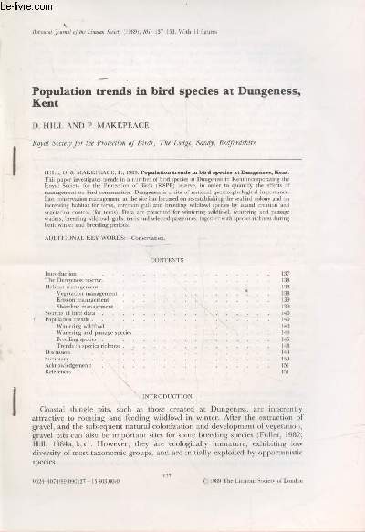 Tir  part : Botanical Journal of the Linnean Society n101 : Population trends in bird species at Dungeness, Kent.