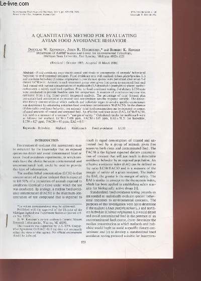 Tir  part : Environmental Toxicology and Chemistry Vol.5 : A quantitative method for evaluating avian food avoidance behavior.