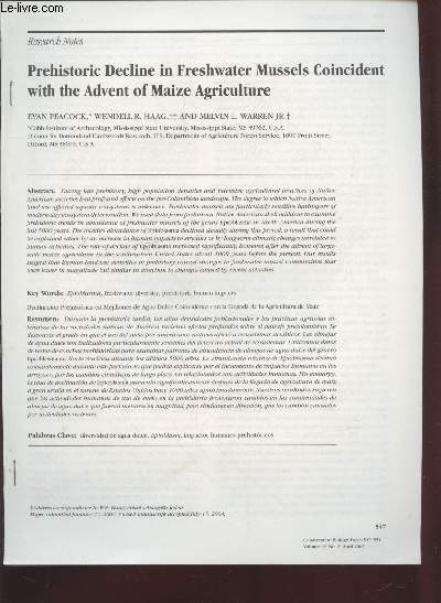 Tir  part : Conservation Biology Vol.19 n2 : Prehistoric Decline in Freshwater Mussels Coincident with the Advent of Maize Agriculture.