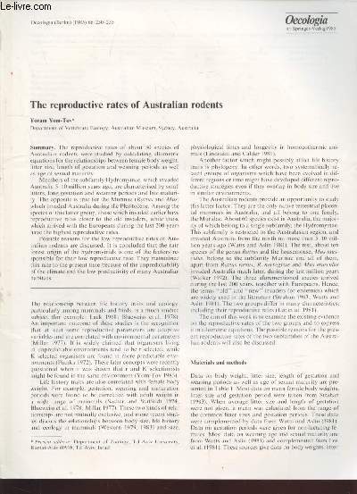 Tir  part : Oecologia n66 : The reproductive rates of Australian rodents.