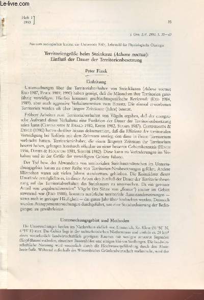 Tir  part : J.Orn. Vol.134 n1 : TerritoriengrBe beim Steinkauz (Athene noctua) : EinfluB der Dauer der Territorienbesetzung