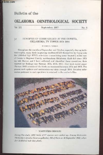 Tir  part : Bulletin of the Oklahoma Ornithological Society Vol. XX n3 (1987) : Synopsis of birds killed at the Coweta, Oklahoma, Tv Tower 1974-1984.