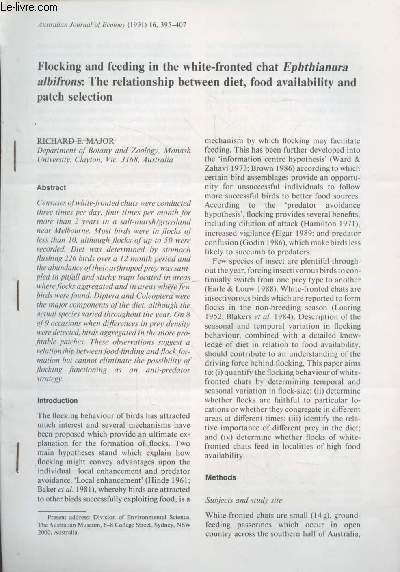 Tir  part : Australian Journal of Ecology n16 (1991) : Flocking and feeding in the white-fronted chat Ephthianura albifrons : The relationship between diet, food availability and patch selection.