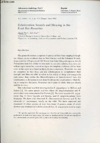Tir  part : Adv. Audliol. Vol.5 (1988) : Echolocation sounds and hearing in the fruit bat Rousettus.