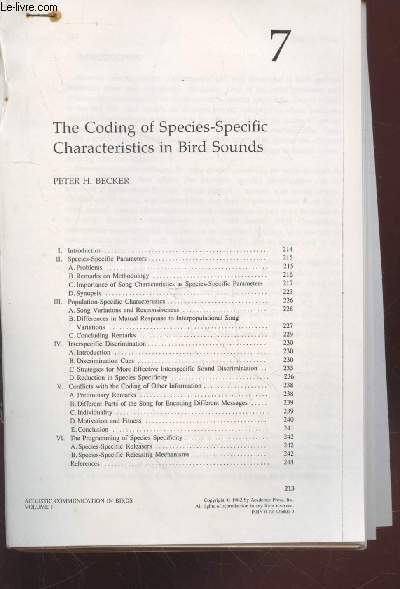 Tir  part : Acoustic Communication in Birds Vol.1 (1982) : 7. The coding of species specific characteristics in bird sounds