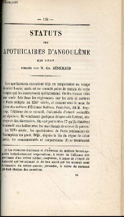 Tir  part : Statuts des apothicaires d'Angoulme en 1597 - Bulletin de la Socit Archologique et Historique de la Charente Troisime srie - Tome 3 - Anne 1861