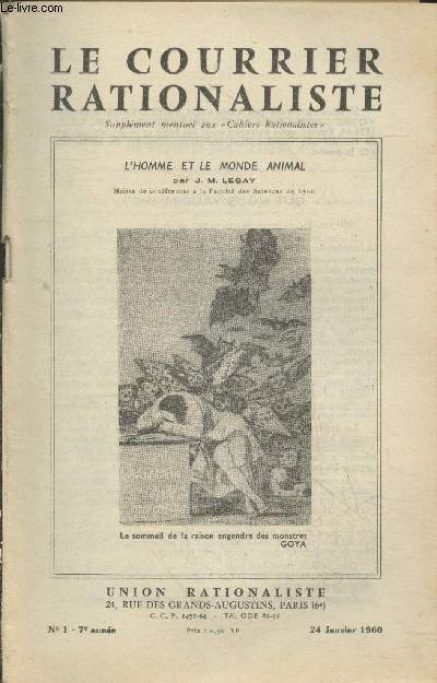 Les cahiers rationalistes n1 - 7e anne 24 Janvier 1960 : L'homme et le monde animal