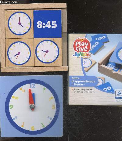 Boite d'apprentissage Heure - pour comprendre et savoir lire l'heure - 20 plaquettes en bois avec differentes heures, horloge sur la face avant, chiffre au dos- horloge avec deux aiguilles mobiles- boite de rangement - emballage cartonn