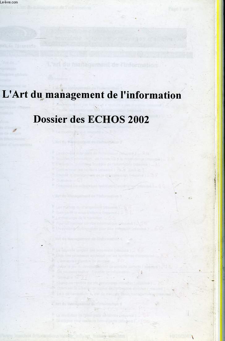 L'ART DU MANAGEMENT DE L'INFORMATION. DOSSIERS DES ECHOS 2002