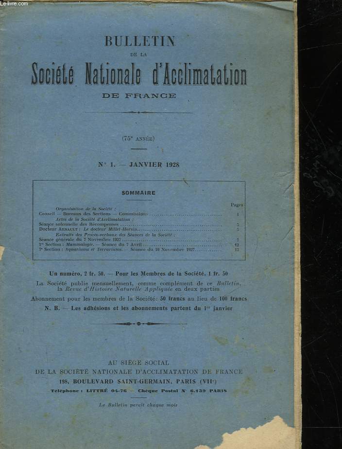 BULLETIN DE LA SOCIETE NATIONALE D'ACCLIMATATION DE FRANCE - 75 ANNEE - N1