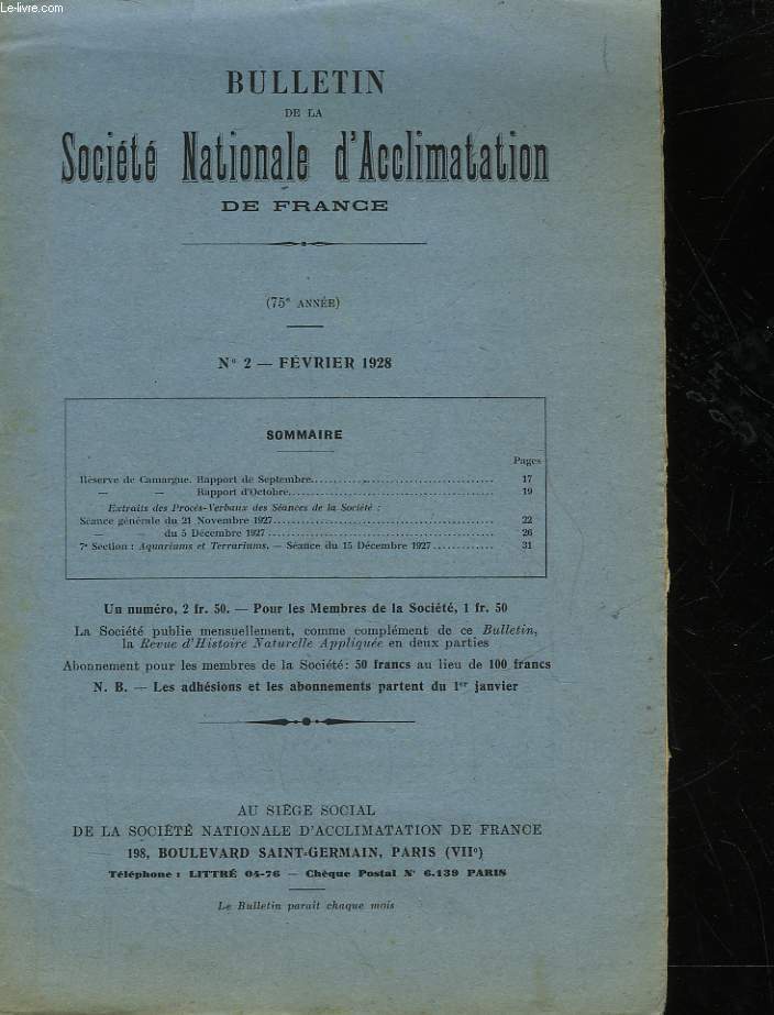 BULLETIN DE LA SOCIETE NATIONALE D'ACCLIMATATION DE FRANCE - 75 ANNEE - N2