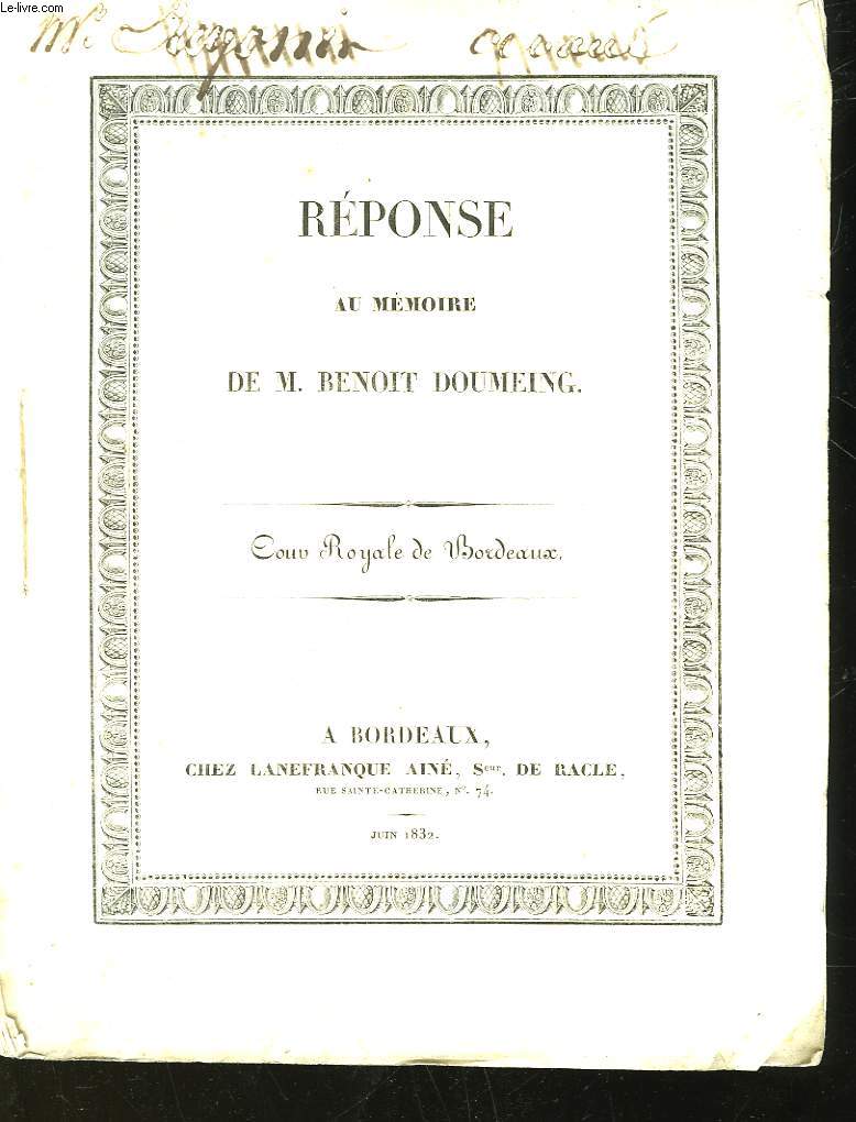 REPONSE AU MEMOIRE DE M. BENOIT DOUMEING