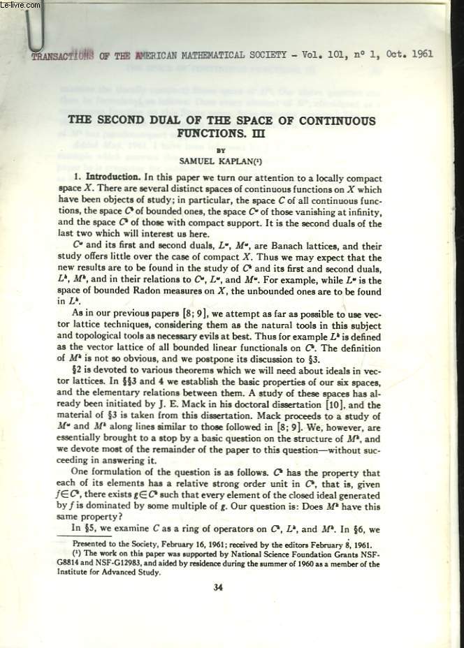 TRANSACTIONS OF THE AMERICAN MATHEMATICAL SOCIETY - VOL 101 - N1 - THE SECOND DUAL OF THE SPACE OF CONTINUOUS FUNCTIONS 3