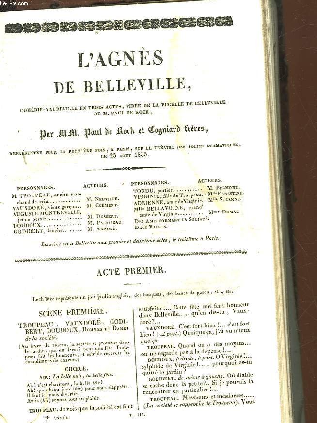 L'AGNES DE BELLEVILLE - COMEDIE-VAUDEVILLE EN 3 ACTES (TIREE DE LA PUCELLE DE BELLEVILLE DE M. PAUL DE KOCK)