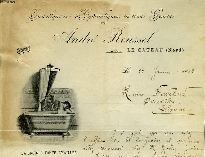 1 FACTURE ANCIENNE ANDRE ROUSSEL - LE CATEAU