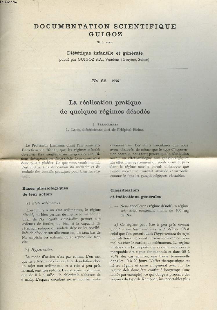 DOCUMENTATION SCIENTIFIQUE GUIGOZ - N26 - LA REALISATION PRATIQUE DE QUELQUES REGIME DESODES