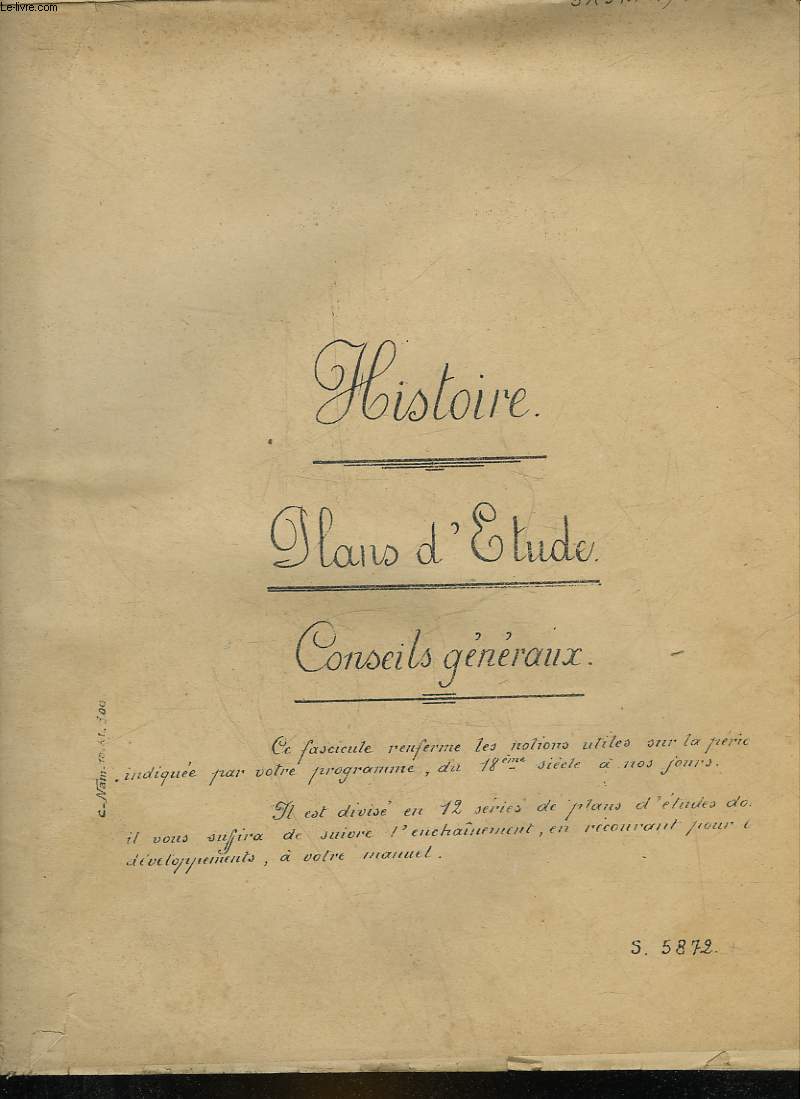 HISTOIRE - PLANS D'ETUDE- CONSEILS GENERAUX