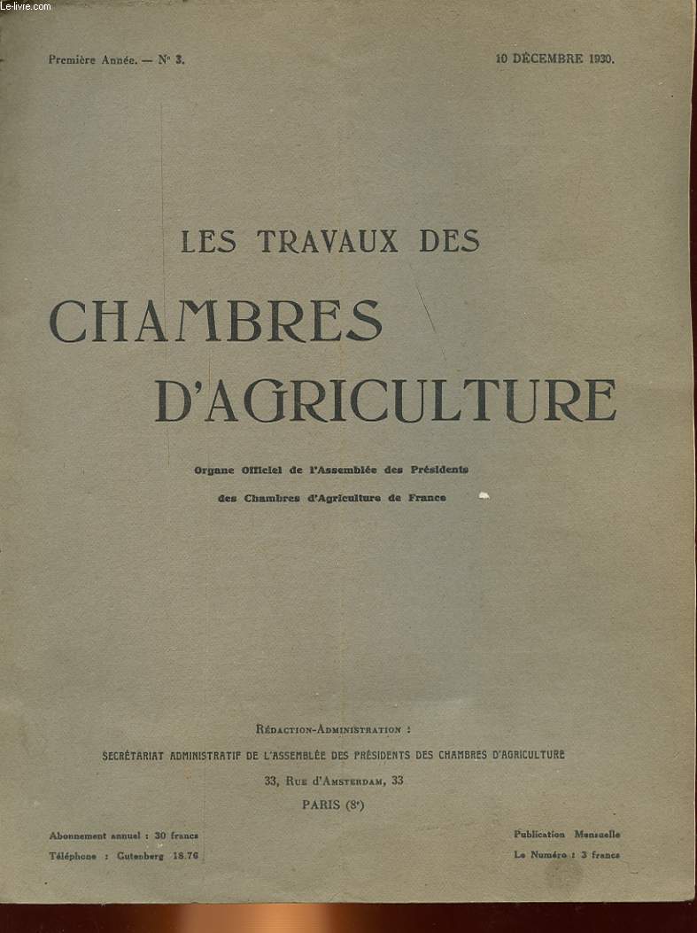 LES TRAVAUX DES CHAMBRES D'AGRICULTURE - 1 ANNEE - N3