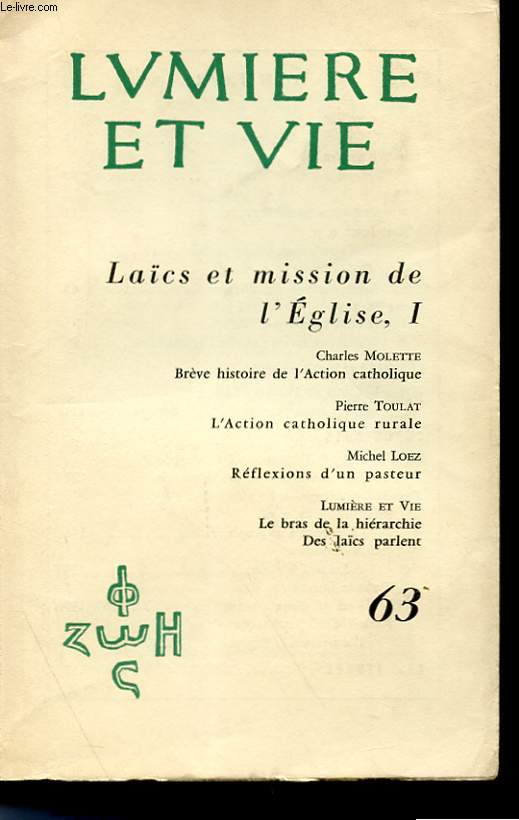 TOME XII - N 63 - LAICS ET MISSIOJN DE L'EGLISE, I