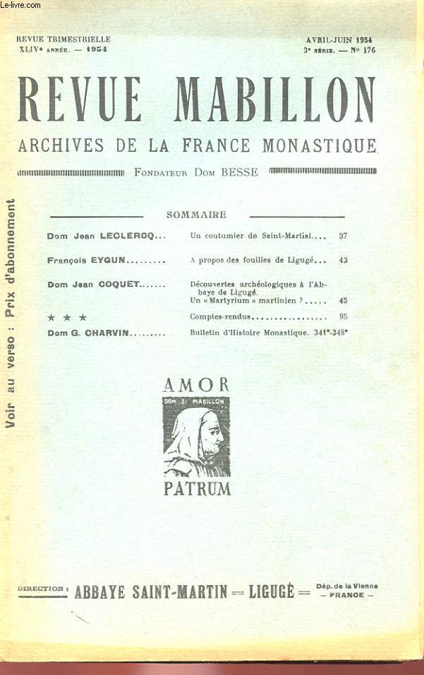 REVUE MABILLON - ARCHIVES DE LA FRANCE MONASTIQUE - XLIVe ANNEE - N 176