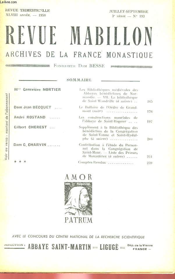 REVUE MABILLON - ARCHIVES DE LA FRANCE MONASTIQUE - XLVIII ANNEE - N 193