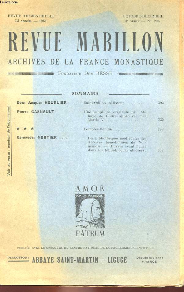 REVUE MABILLON - ARCHIVES DE LA FRANCE MONASTIQUE - LI ANNEE - N 206