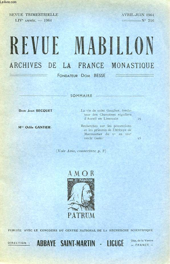 REVUE MABILLON - ARCHIVES DE LA FRANCE MONASTIQUE - LIV ANNEE - N 216