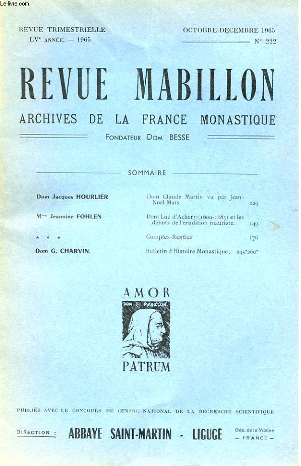 REVUE MABILLON - ARCHIVES DE LA FRANCE MONASTIQUE - LV ANNEE - N 222