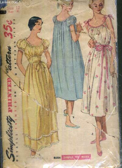 1 PATRON : misses' nightgown in two lenghts - n4684 - Size 12 - Bust 30 / simple to make gown has neck and sleeve edges gathered and bound. View a 1 long gown is gathered above waist and bias cordi g holds gathers at midriff...