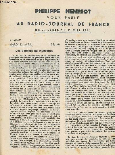 PHILIPPE HENRIOT VOUS PARLE AU RADIO JOURNAL DE FRANCE - DU 25 AVRIL AU 1ER MAI 1944/LA DEFAIT D ALGER, D ALGER A VOIRON, UN ERSATZ DE BENAZET.......