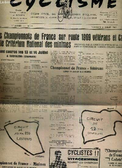CYCLISME - N10 - 4 juillet 69 / Les championnats de France sur route 1969 vtrans et cadets et le critrium national des minimes / tour de France 1969.
